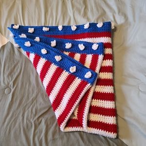 Vintage Handmade Red White & Blue Crochet Afgan Throw Blanket